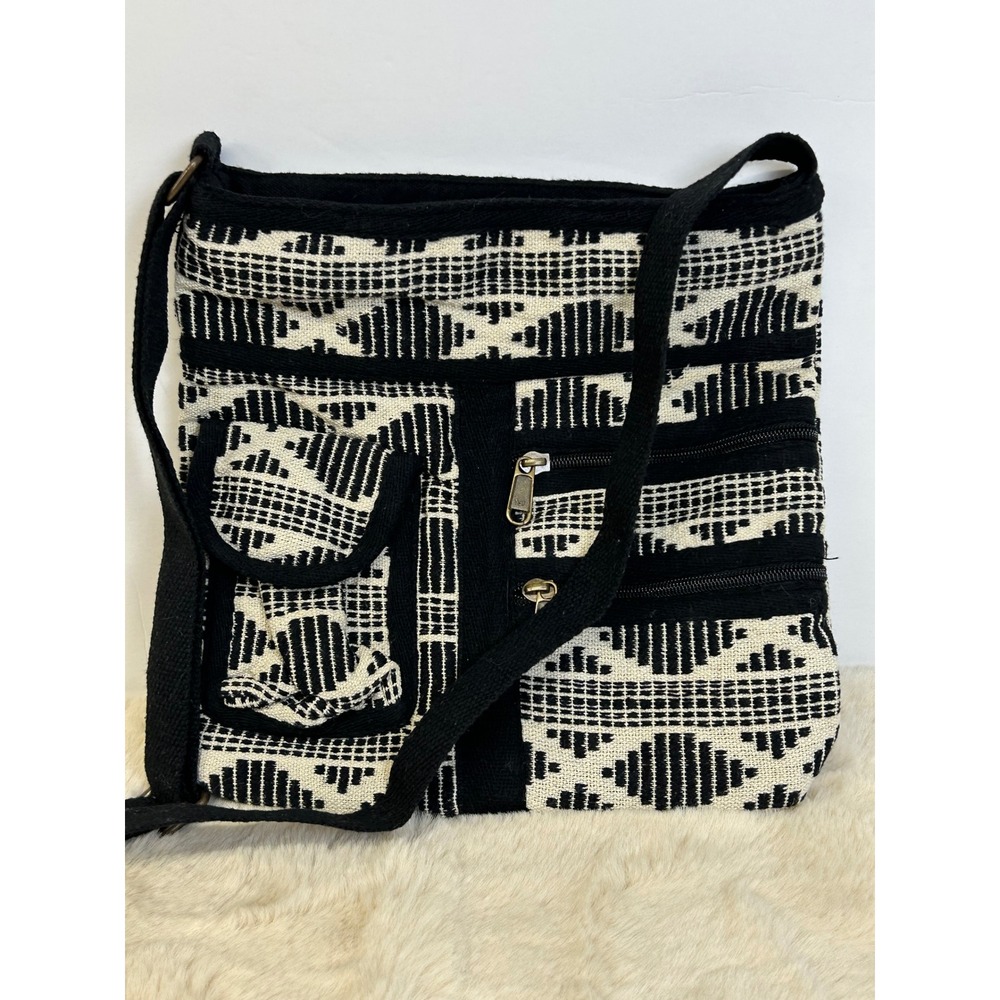 Woven Geometric‎ Crossbody Bag Black White Artisan Messenger Made in India